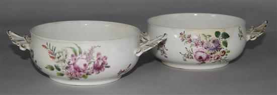 A pair of Chelsea red anchor two handled bowls, painted with floral bouquets, c.1755 (both heavily restored & lack stands & covers)